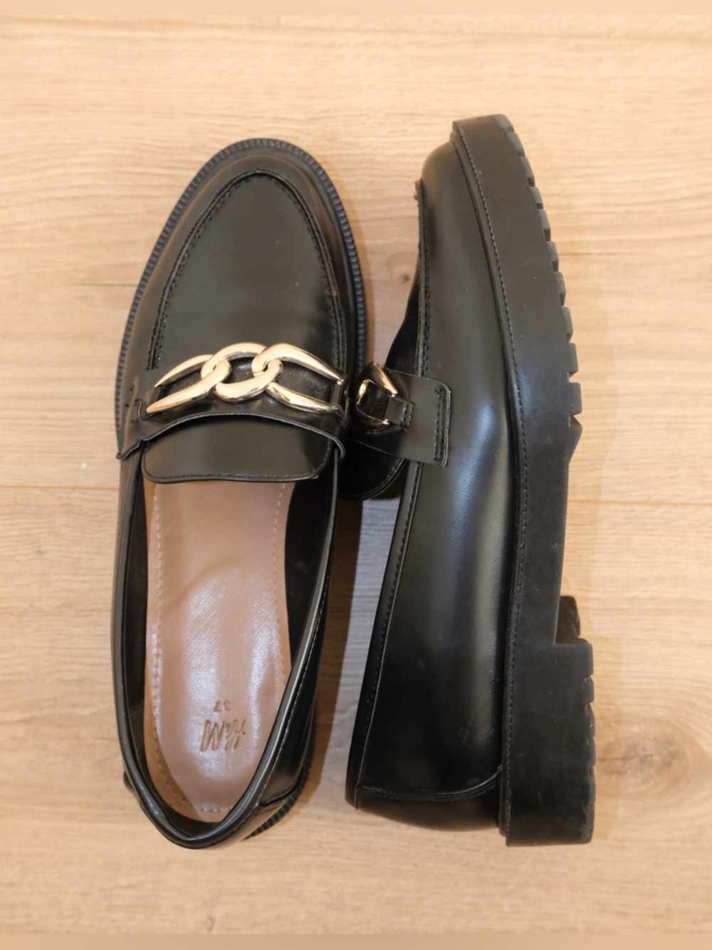 Black Patent Chain Loafers with Gold Accent